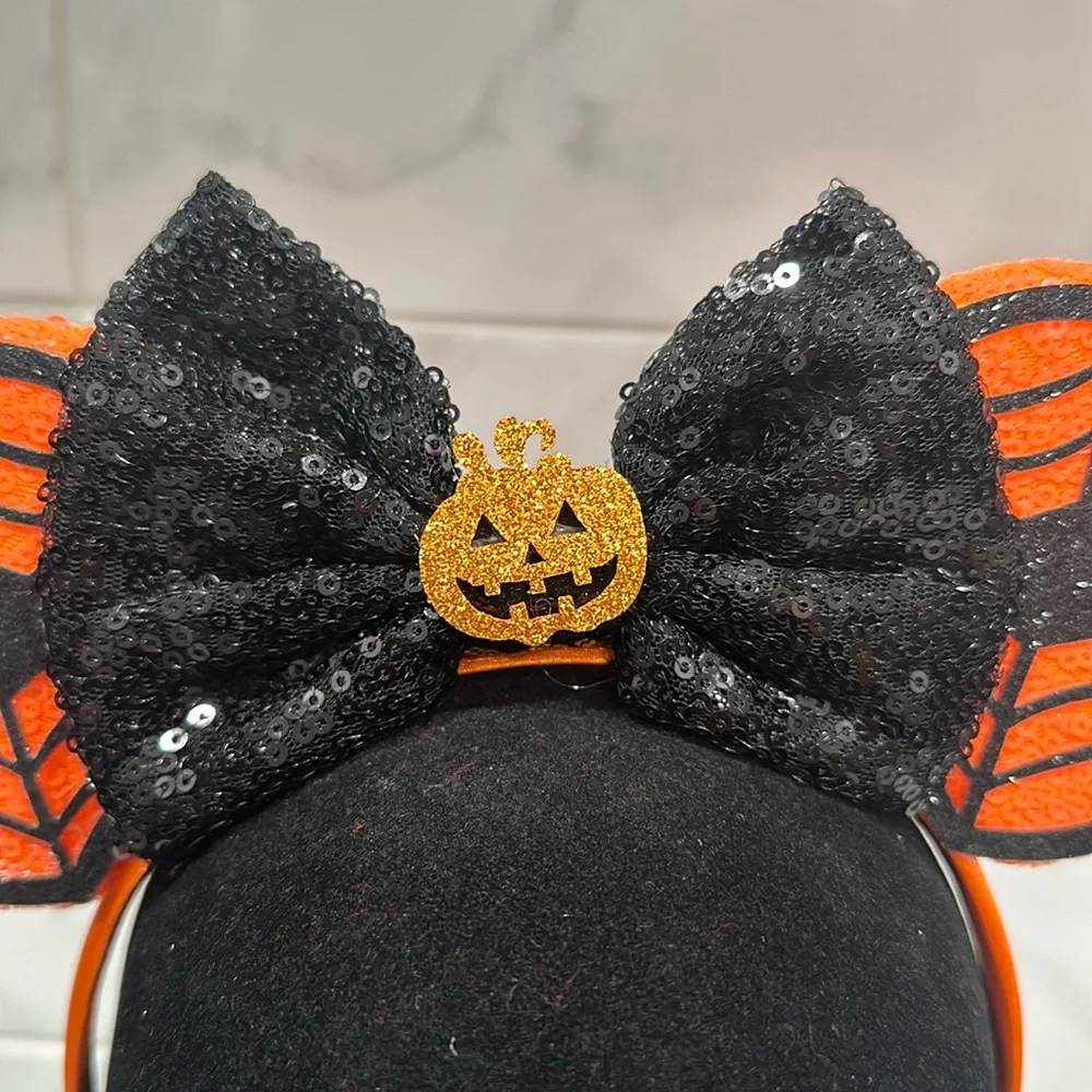 Halloween Pumpkin Minnie Mouse Sequin Ears Headband NEW Bow Spider Webs